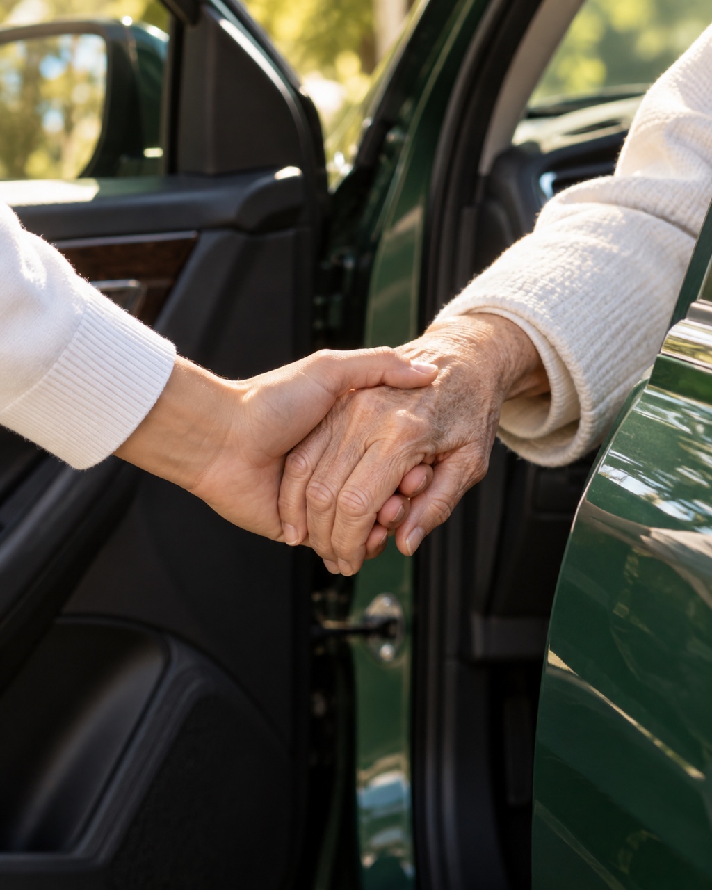 A volunteer's hand helping an older passenger step out of a car