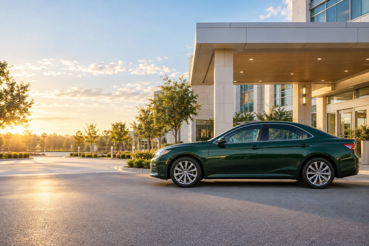 A green car waiting at the entrance of a hospital on a bright morning